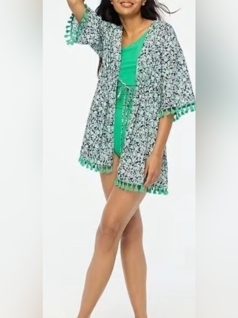 J. Crew Factory Swimsuit Coverup Blue & Green W/Tassels Tie Drawstring Front XXL